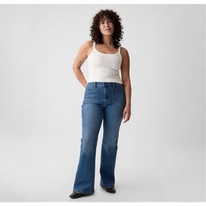 GAP denim ‘70s Flare High Rise Jeans Raw Hem Front Patch Pockets Women’s 32/14R